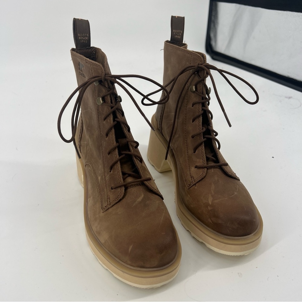 Sorel Hi-Line Lace Up Block Heel Platform Brown Leather Boots Umber Ceramic 9.5 - Picture 4 of 11